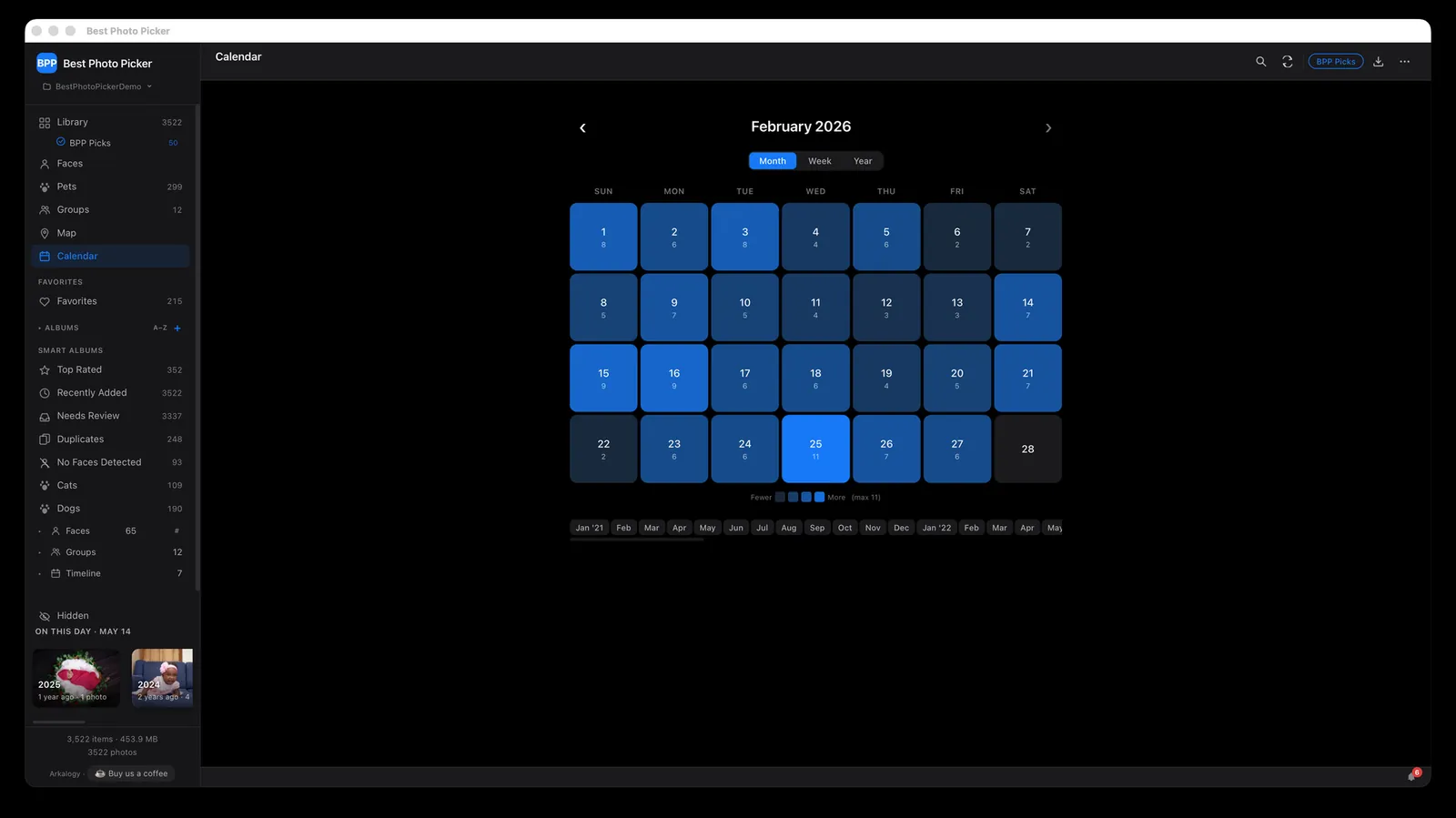 The Calendar view: one month of days, each shaded by how many photos were taken