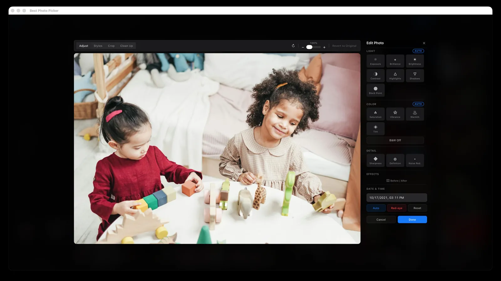 The non-destructive editor with light, color, red-eye and auto-enhance controls