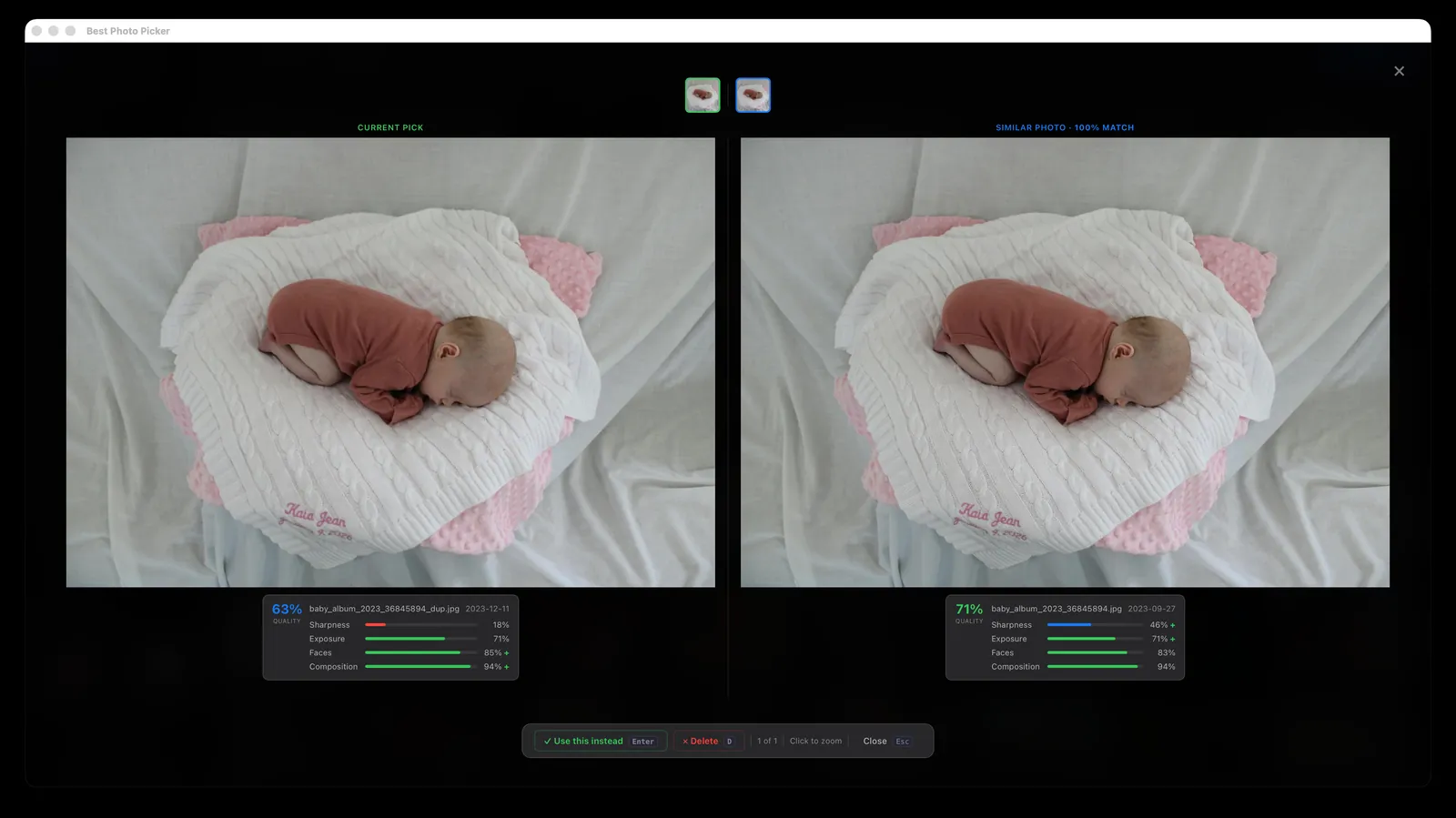 Two similar photos side by side with their scores and a button to keep one instead of the other