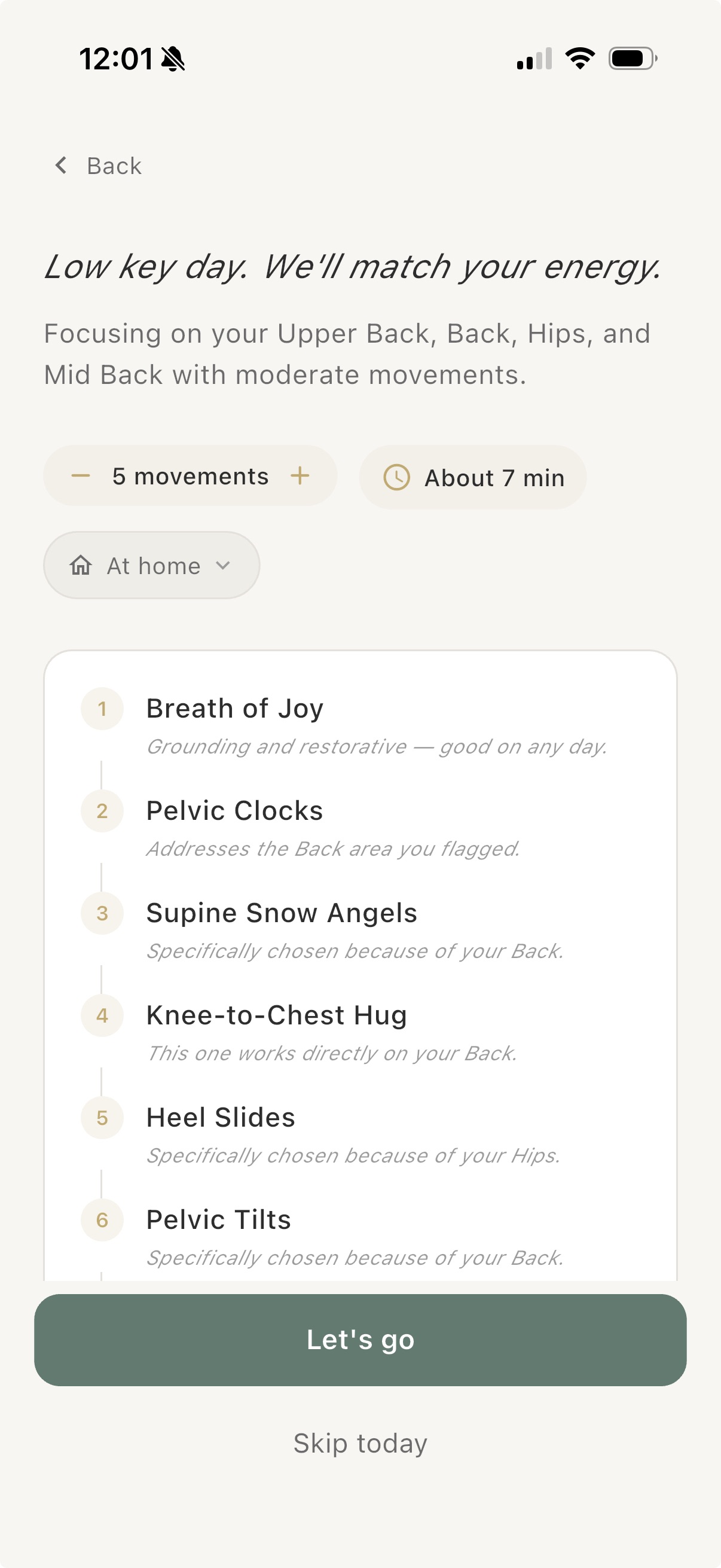 Session preview with movement list